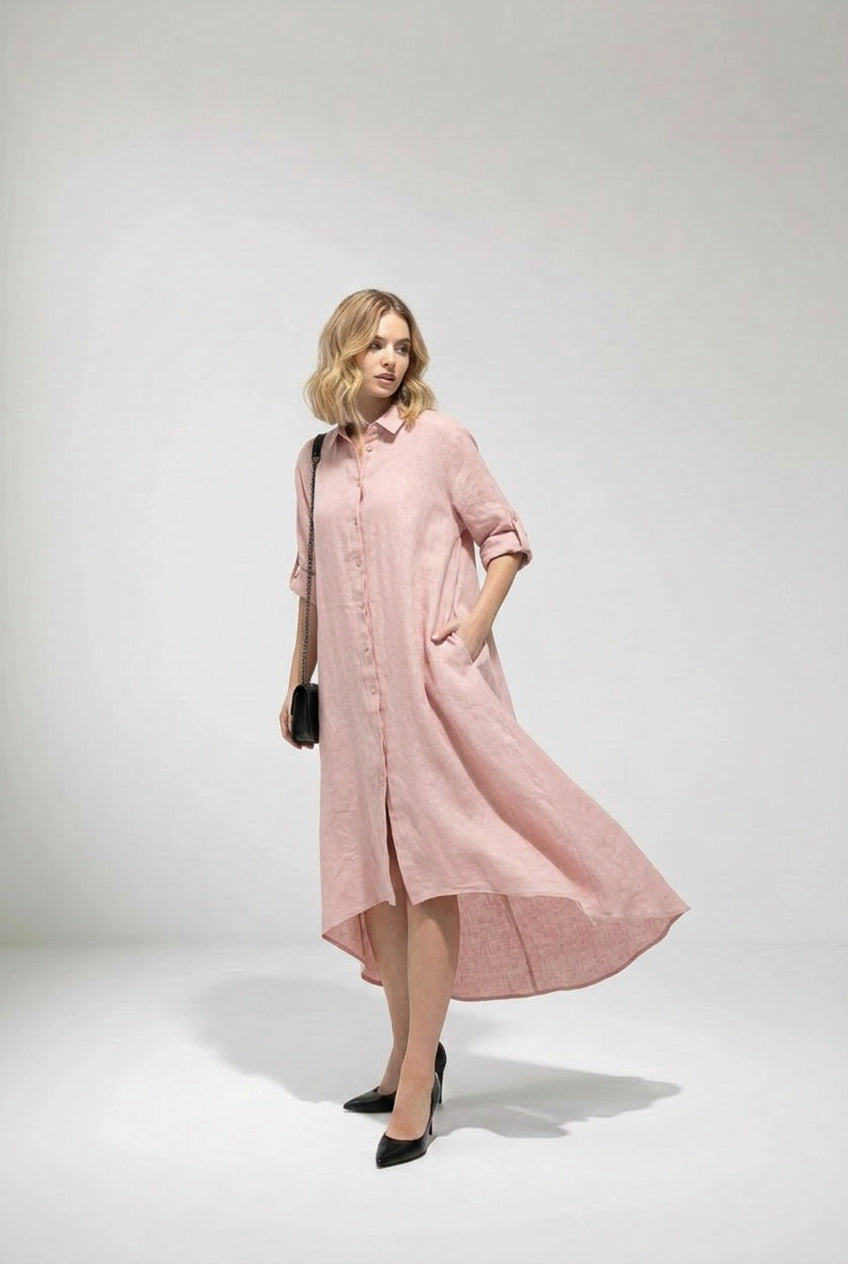 Beige cotton-linen casual shirt dress with long sleeves and relaxed fit