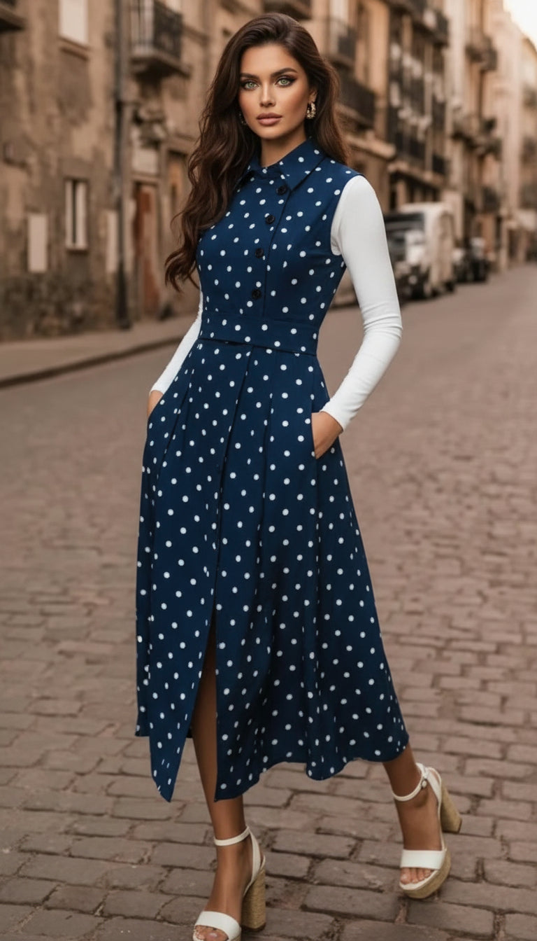Sleeveless retro polka-dot collar dress with fake button lace-up front