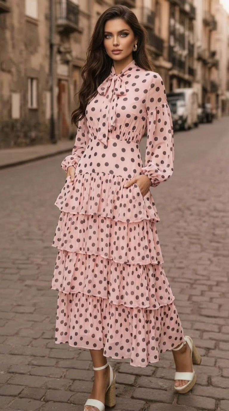 Black chiffon slim dress with white polka dots and short sleeves, casual wear