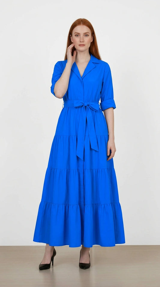 Multicolor patchwork womens dress with three-quarter sleeves, modest A-line silhouette