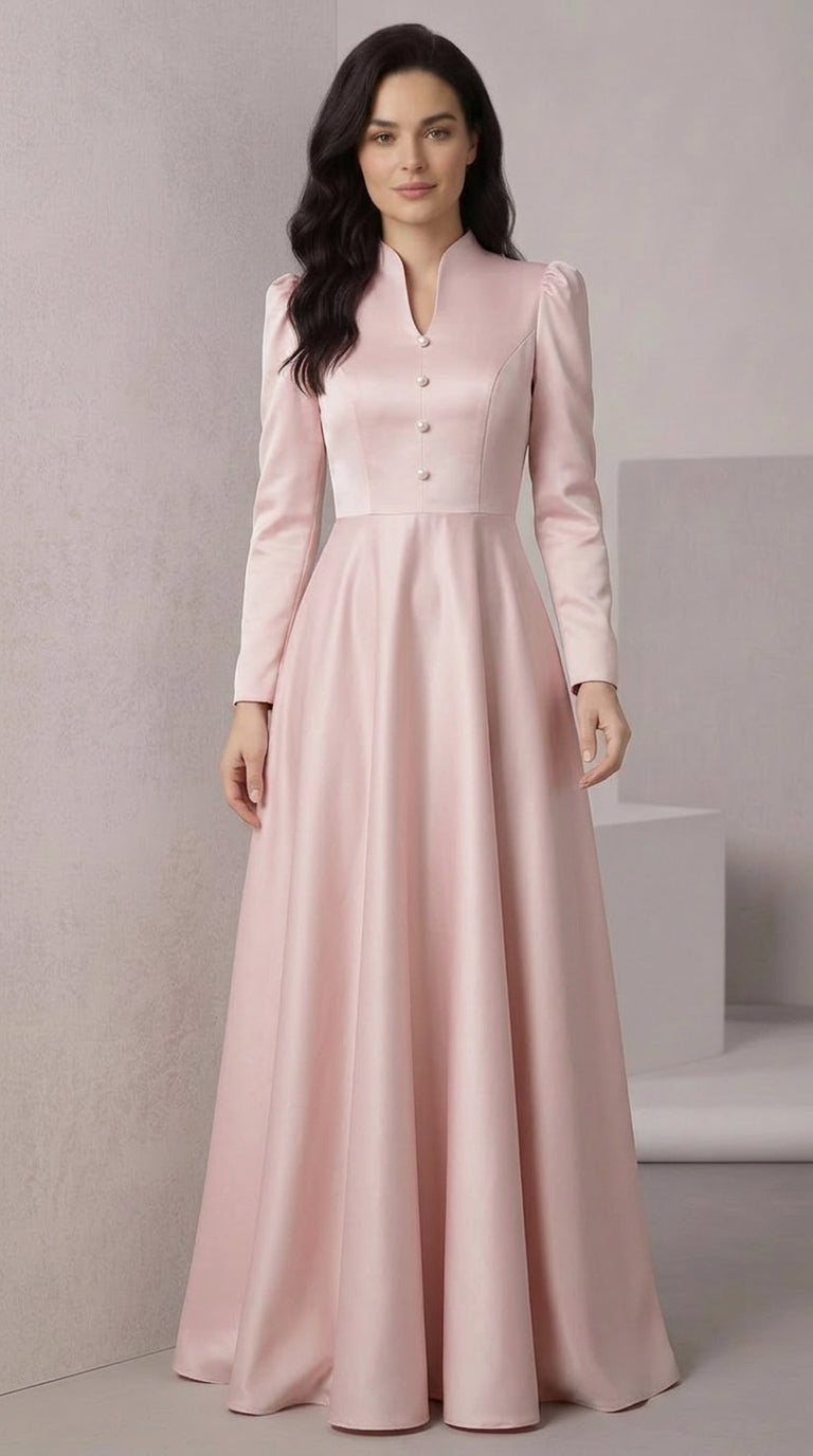 Black waist-cinching V-neck long-sleeve minimalist maxi dress for modest occasions