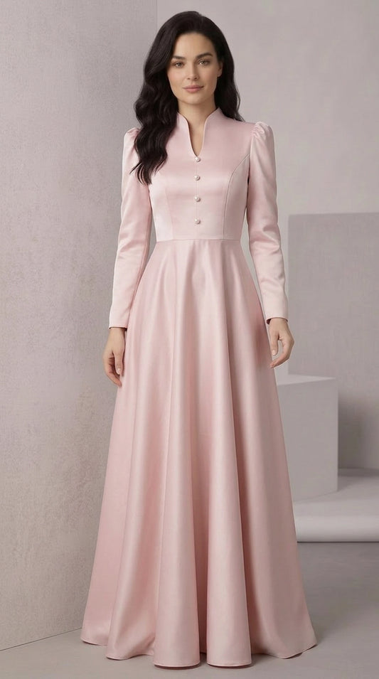 Black waist-cinching V-neck long-sleeve minimalist maxi dress for modest occasions