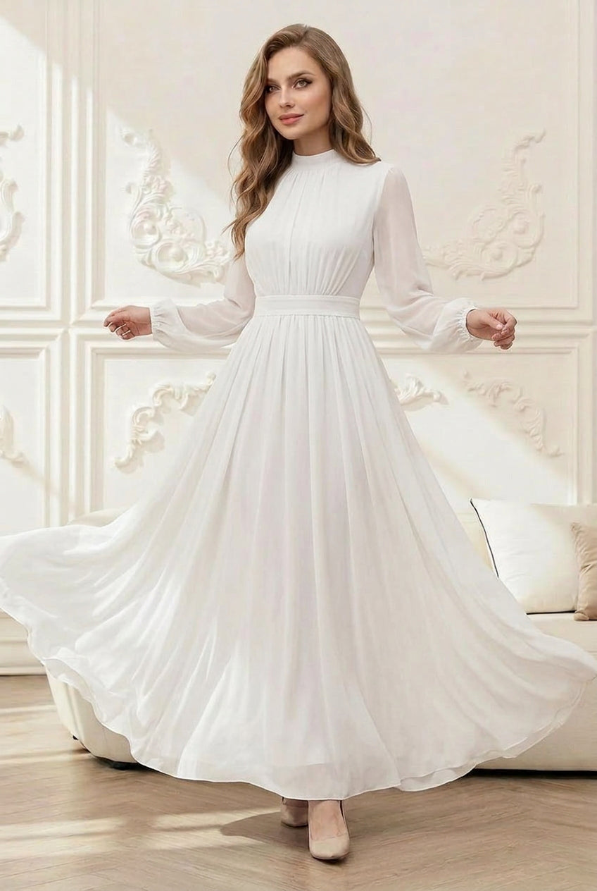 Black soft waist cinching maxi dress with long sleeves, elegant silhouette