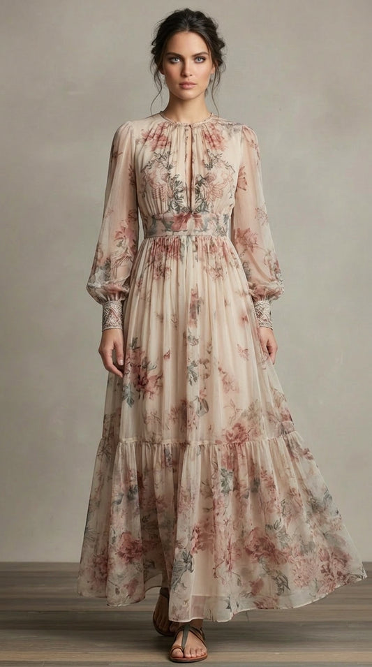 Cream floral printed chiffon dress with long sleeves and pleated waist detail