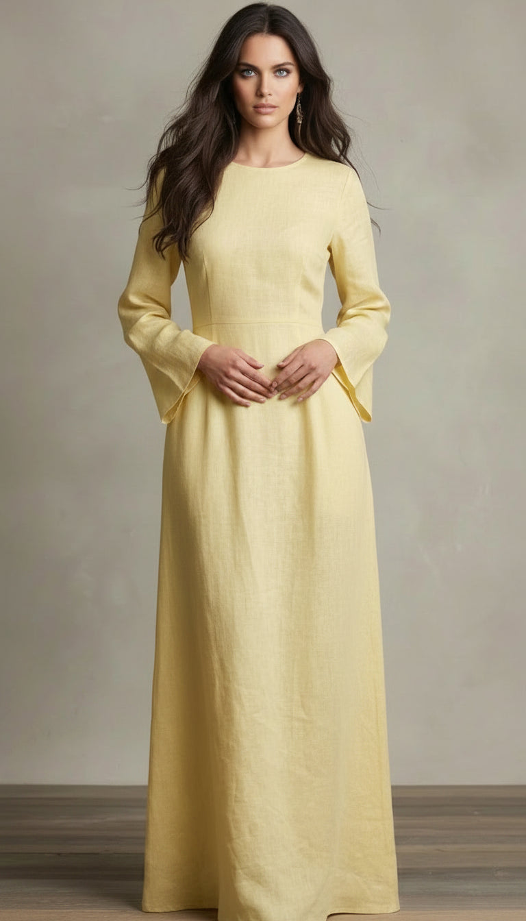 Black long slimming dress with long sleeves, modest neckline, elegant occasion wear