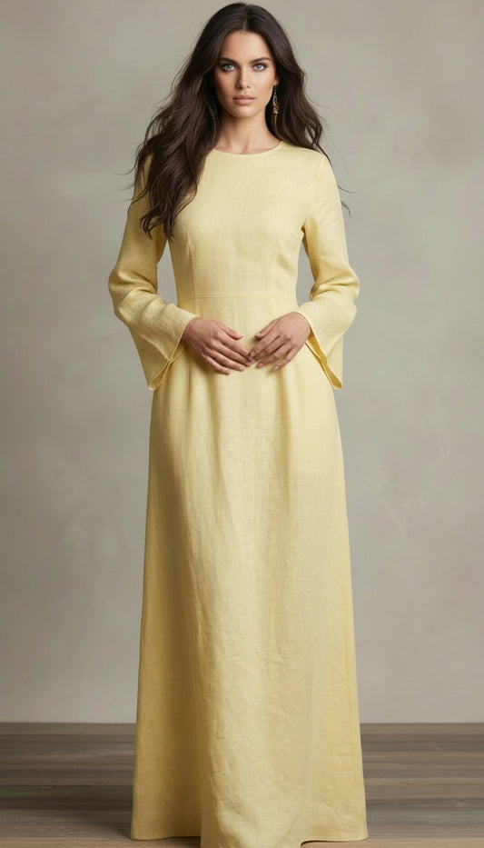 Black long slimming dress with long sleeves, modest neckline, elegant occasion wear