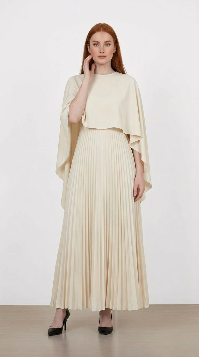 Black pleated maxi dress with flowing cape sleeves, elegant formal occasion wear