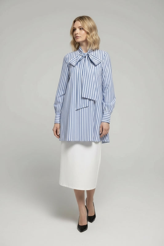 Navy blue loose-fitting commuter dress with bow tie neckline and long sleeves