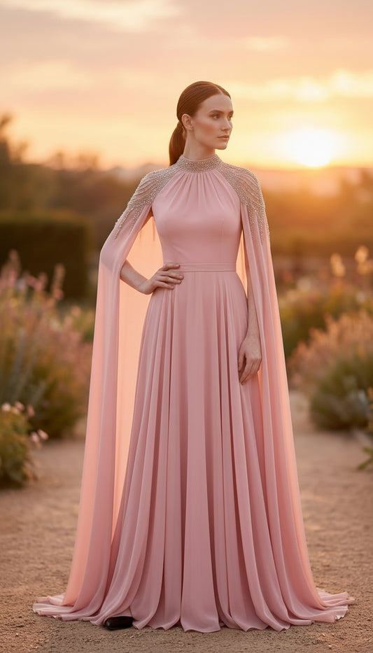 Black rhinestone high collar long sleeve maxi dress for formal occasions
