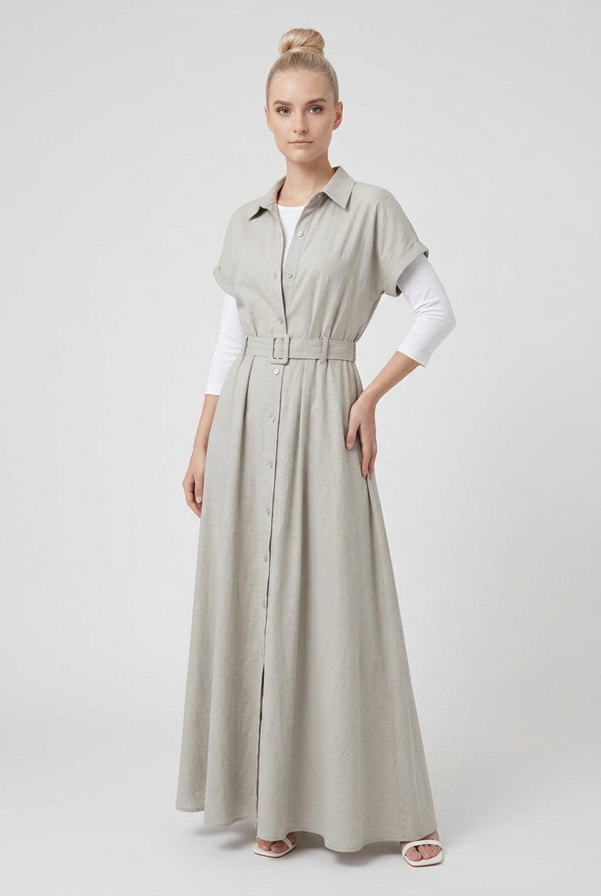 Black short-sleeve waist-cinched maxi dress with flowing skirt