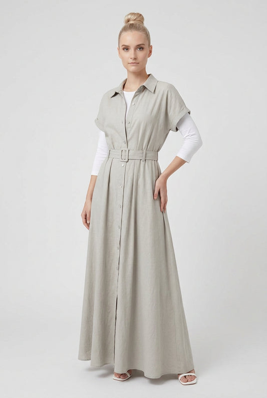 Black short-sleeve waist-cinched maxi dress with flowing skirt