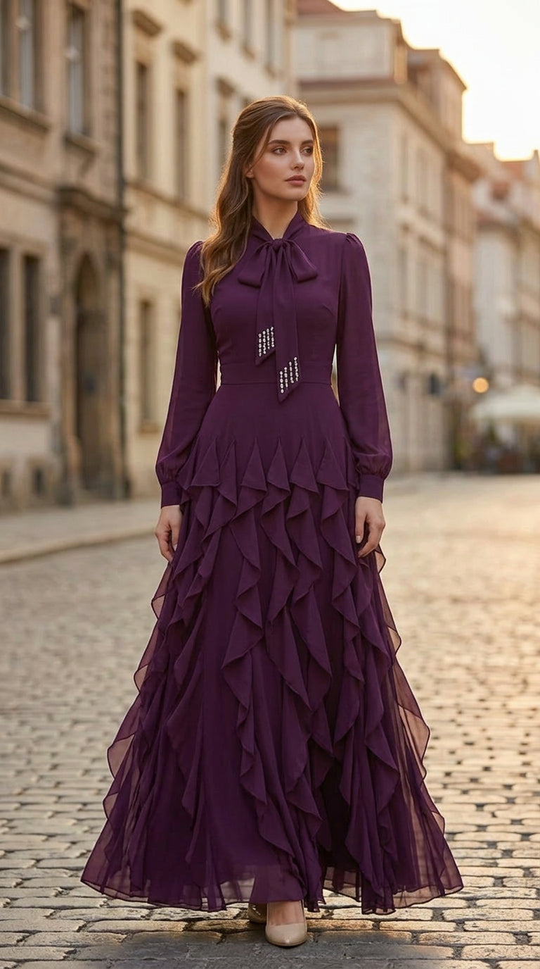 Elegant maxi dress with ruffled waist, long sleeves, modest silhouette