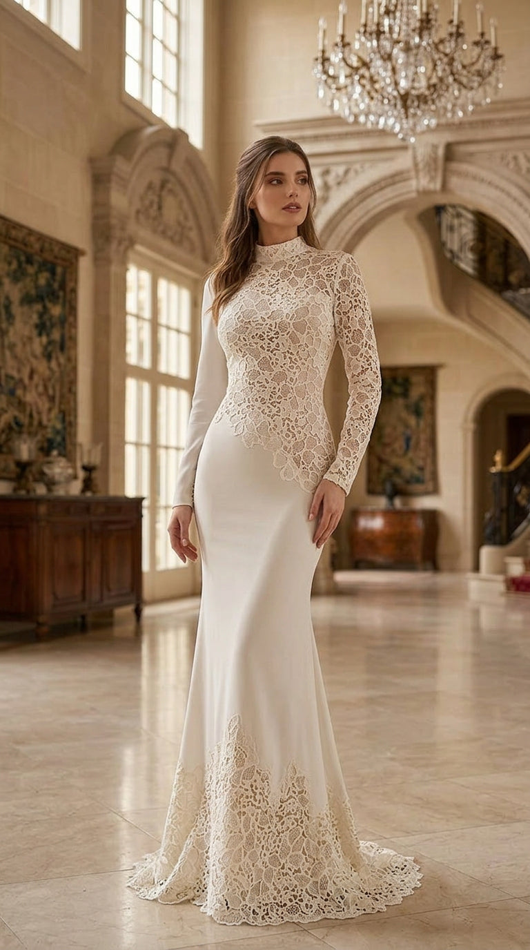 Black lace-embroidered formal maxi gown with long sleeves and elegant silhouette