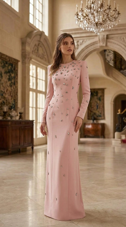 Burgundy long-sleeve maxi dress with elegant draped silhouette for formal occasions