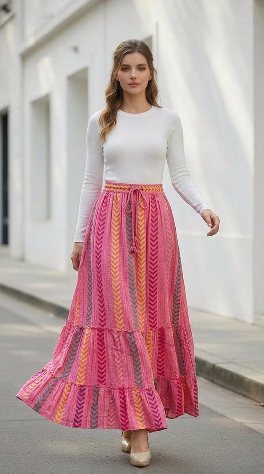 Bohemian print maxi skirt with wide hem in earth tones, casual vacation style