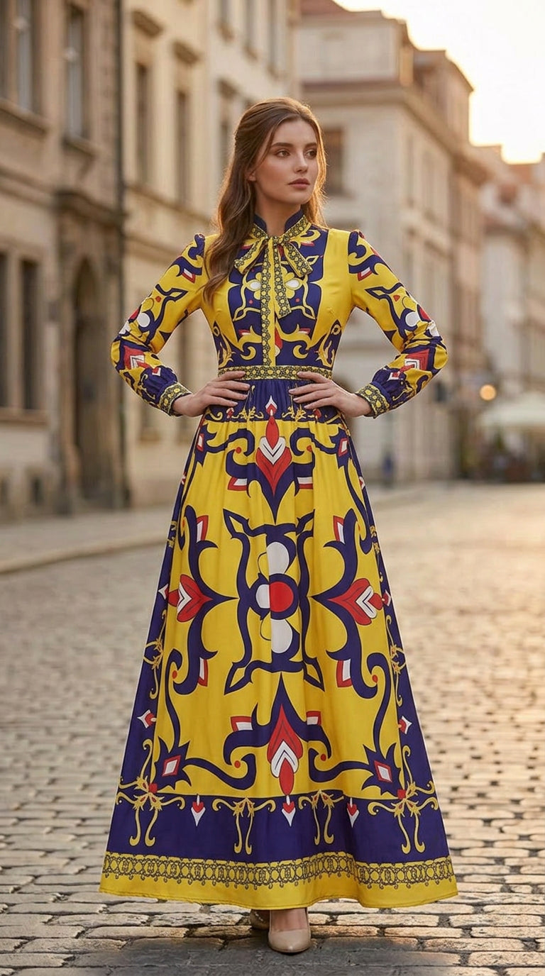 Printed pleated maxi dress in blue with long sleeves, modest occasion wear