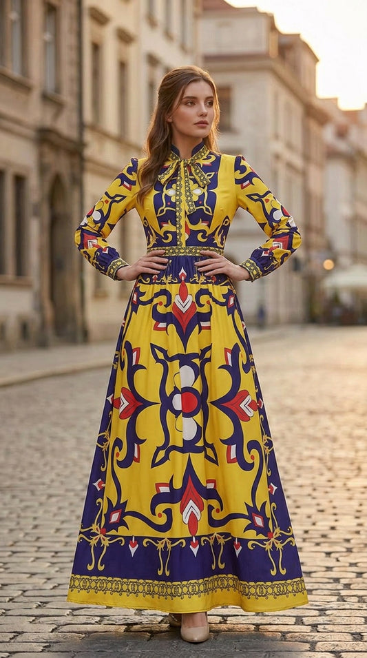 Printed pleated maxi dress in blue with long sleeves, modest occasion wear