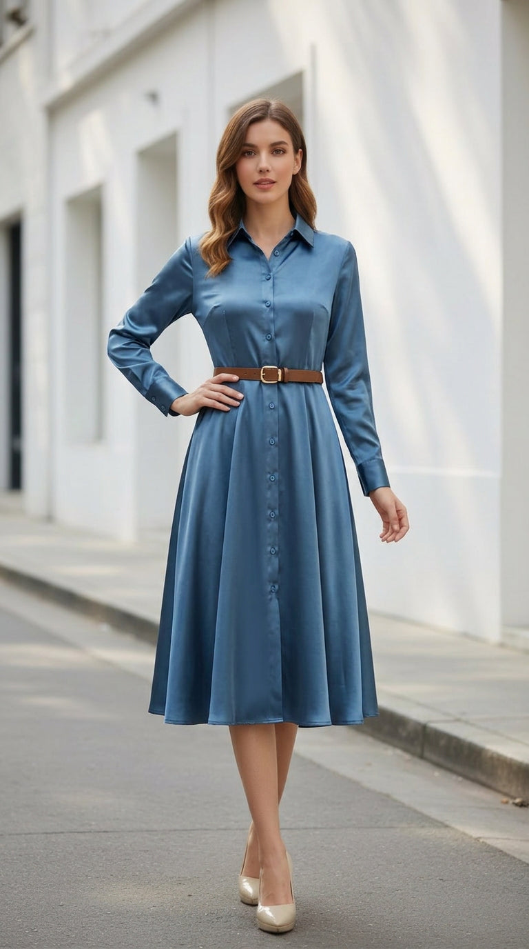 Long-sleeved autumn dress in solid color with A-line skirt silhouette