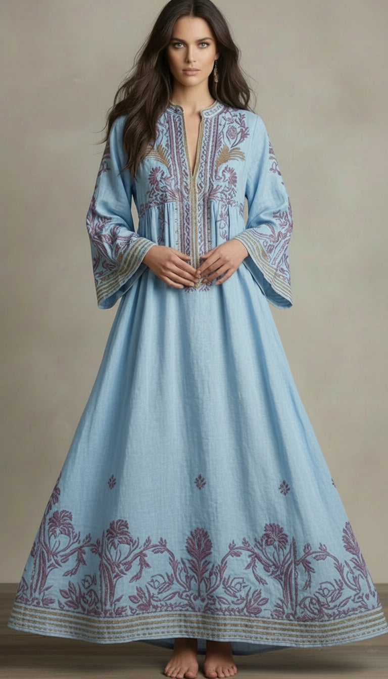 Casual burgundy V-neck bohemian maxi dress with long sleeves and printed pattern