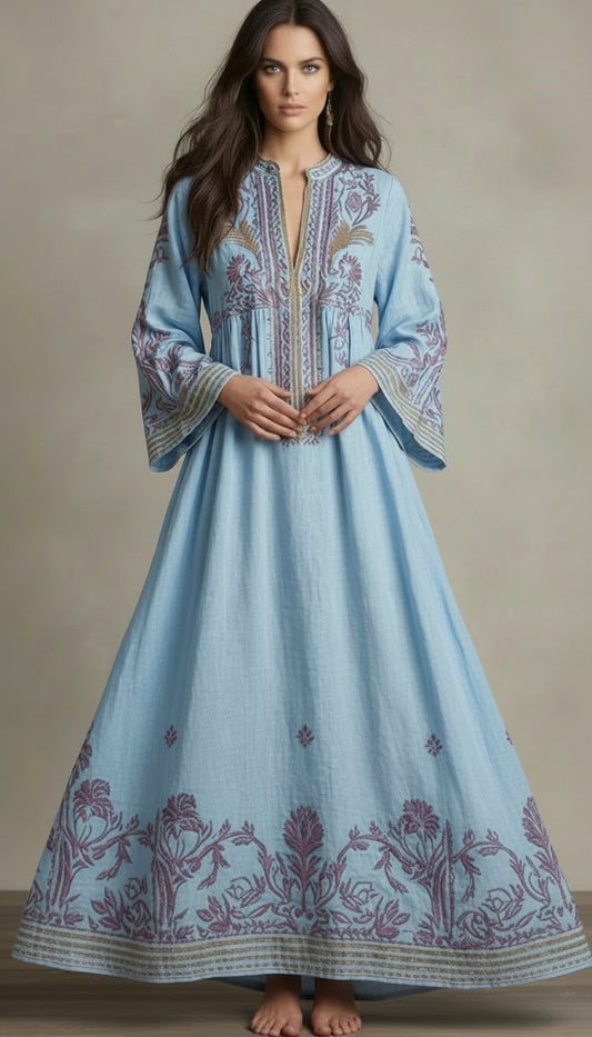 Casual burgundy V-neck bohemian maxi dress with long sleeves and printed pattern