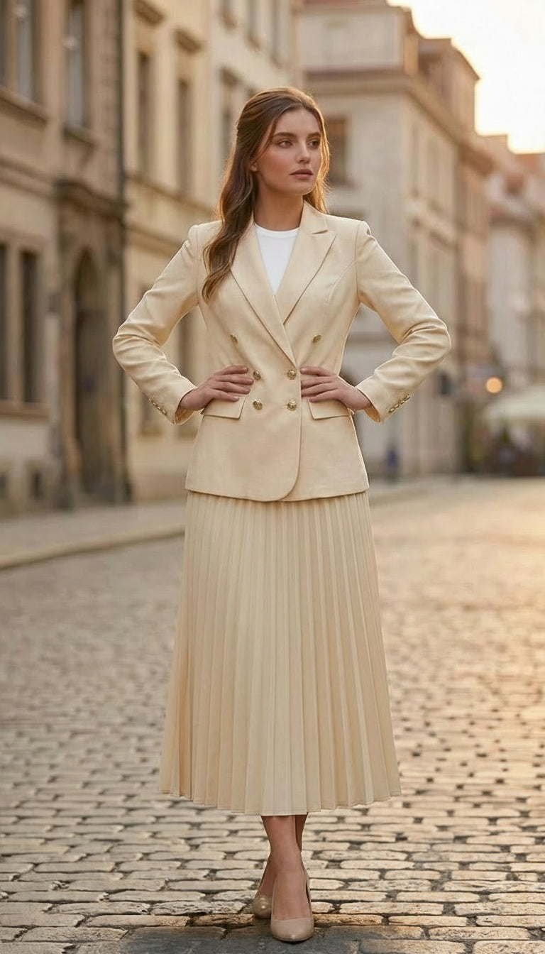 Women's solid-color coat and skirt set in modest chic style