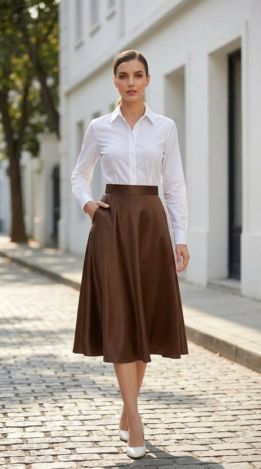 Burgundy satin and velvet skirt with elegant A-line silhouette for formal occasions