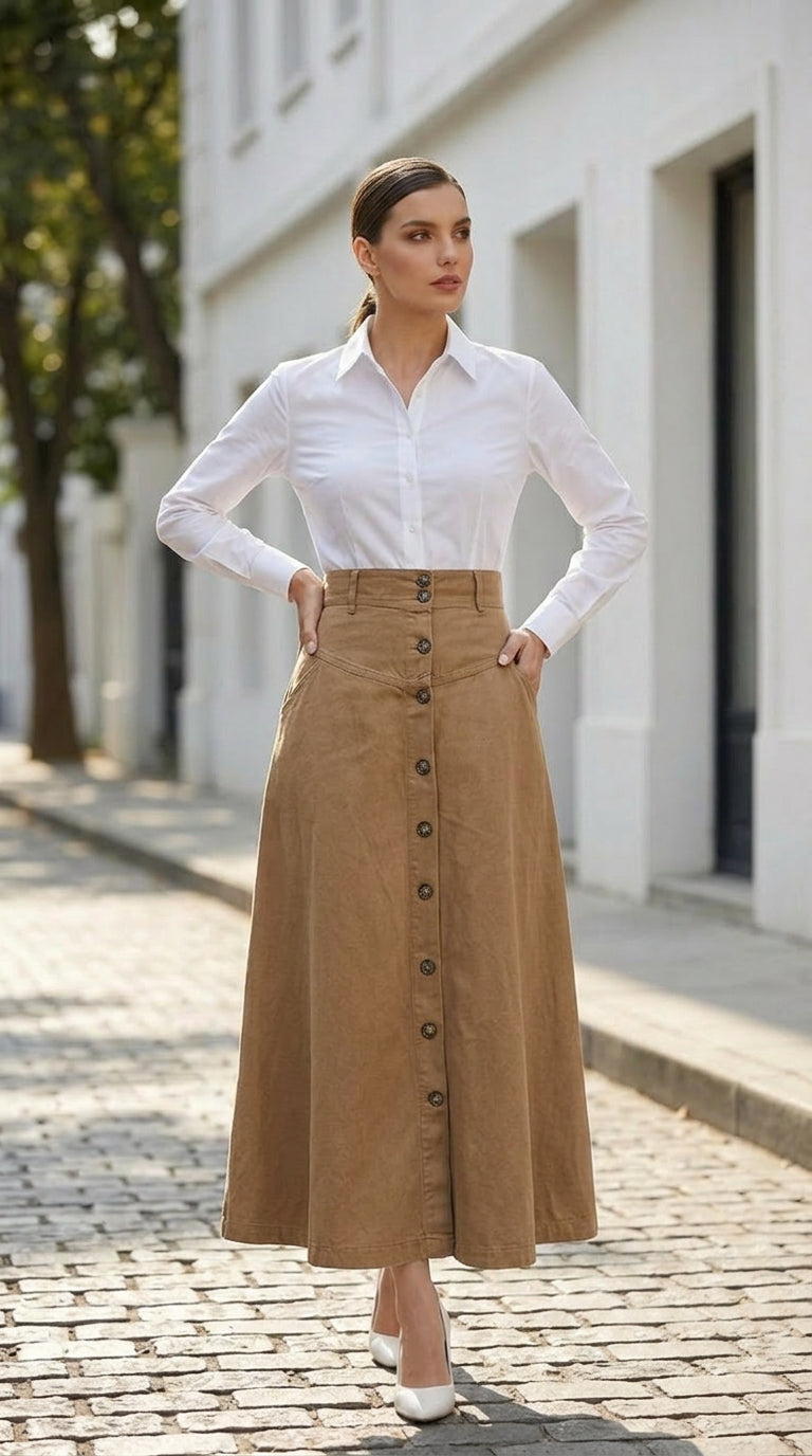 Black high-waisted skirt with elegant A-line silhouette, modest formal wear