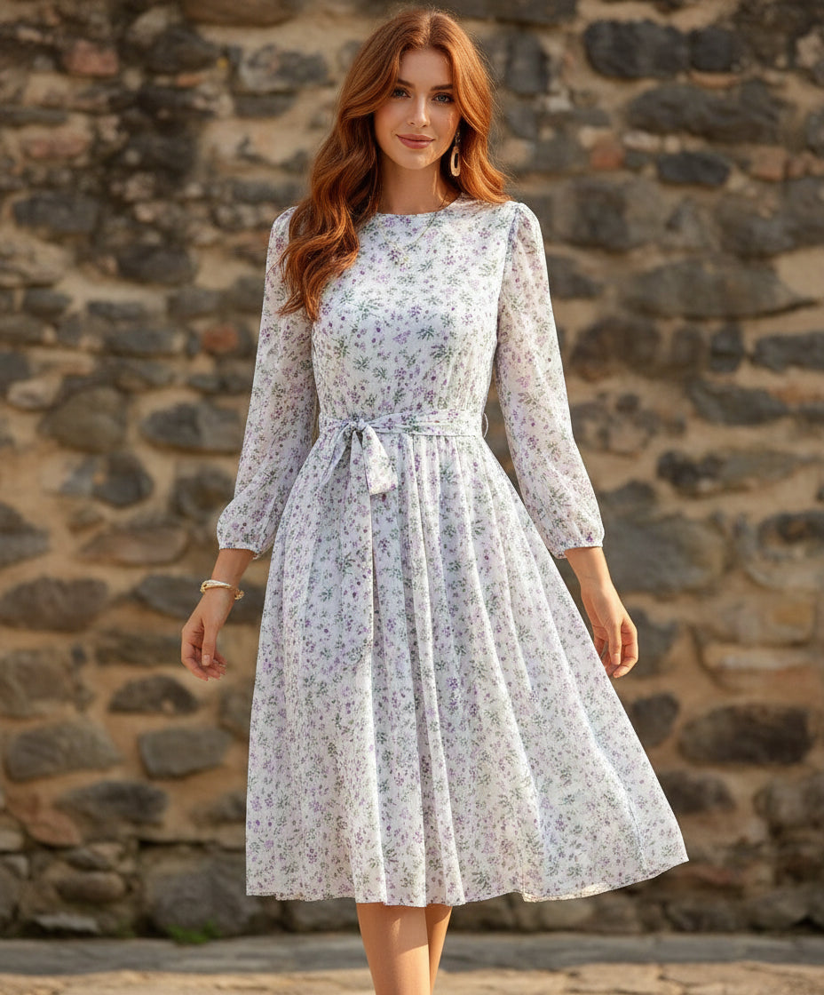 Blue polka dot long sleeve dress with relaxed fit for casual vacation wear