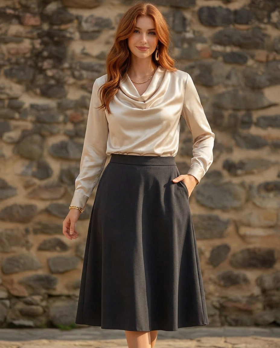 Black boat-neck long-sleeve shirt with relaxed fit, ideal for casual wear