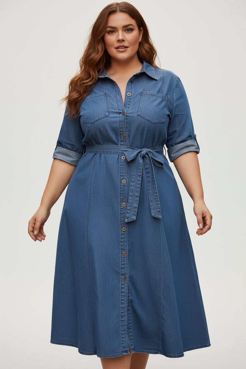 Blue denim midi dress with tied waist and short sleeves, plus size