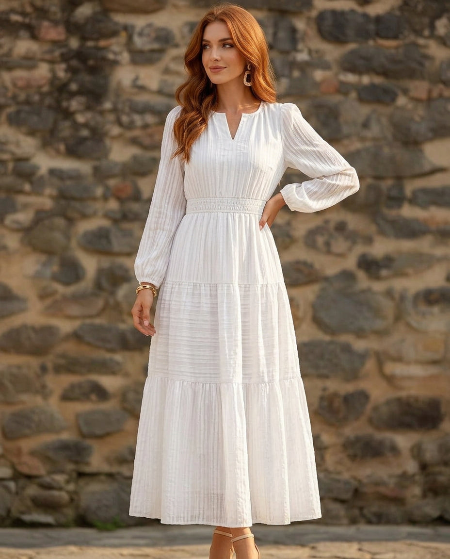 Burgundy V-neck maxi dress with cinched waist and layered puffed sleeves