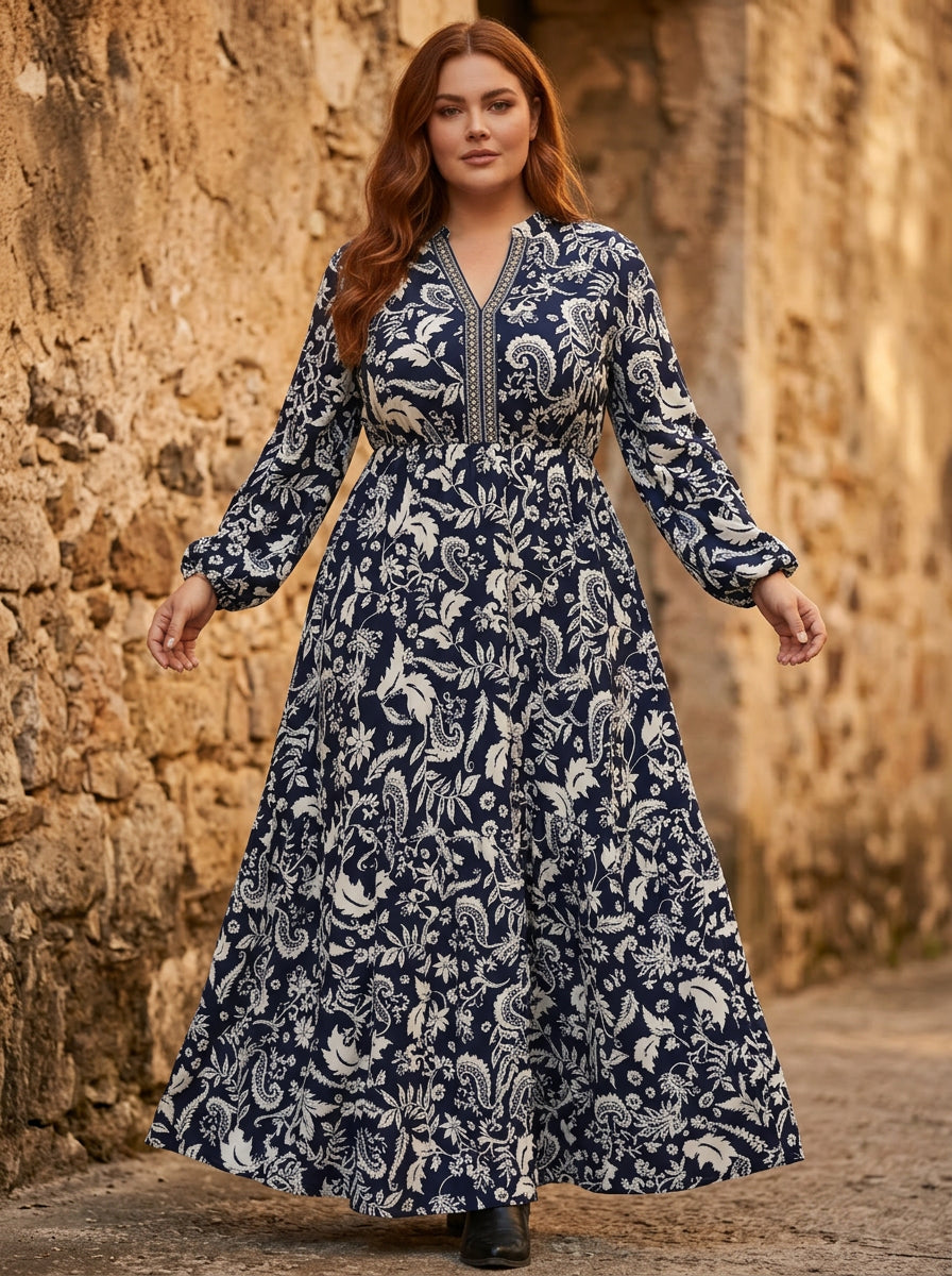 Plus size V-neck dress in burgundy with flowing three-quarter sleeves, modest fit