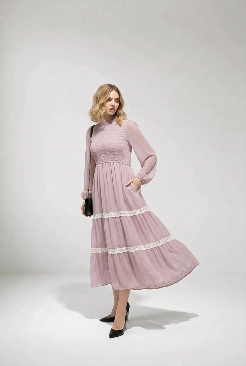 Elegant maxi dress with lantern sleeves, A-line silhouette, modest neckline, formal occasion wear