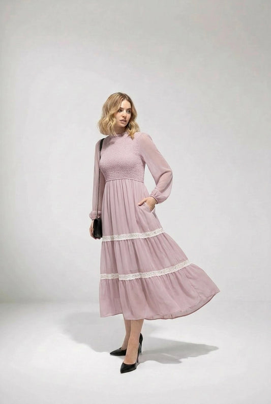 Elegant maxi dress with lantern sleeves, A-line silhouette, modest neckline, formal occasion wear