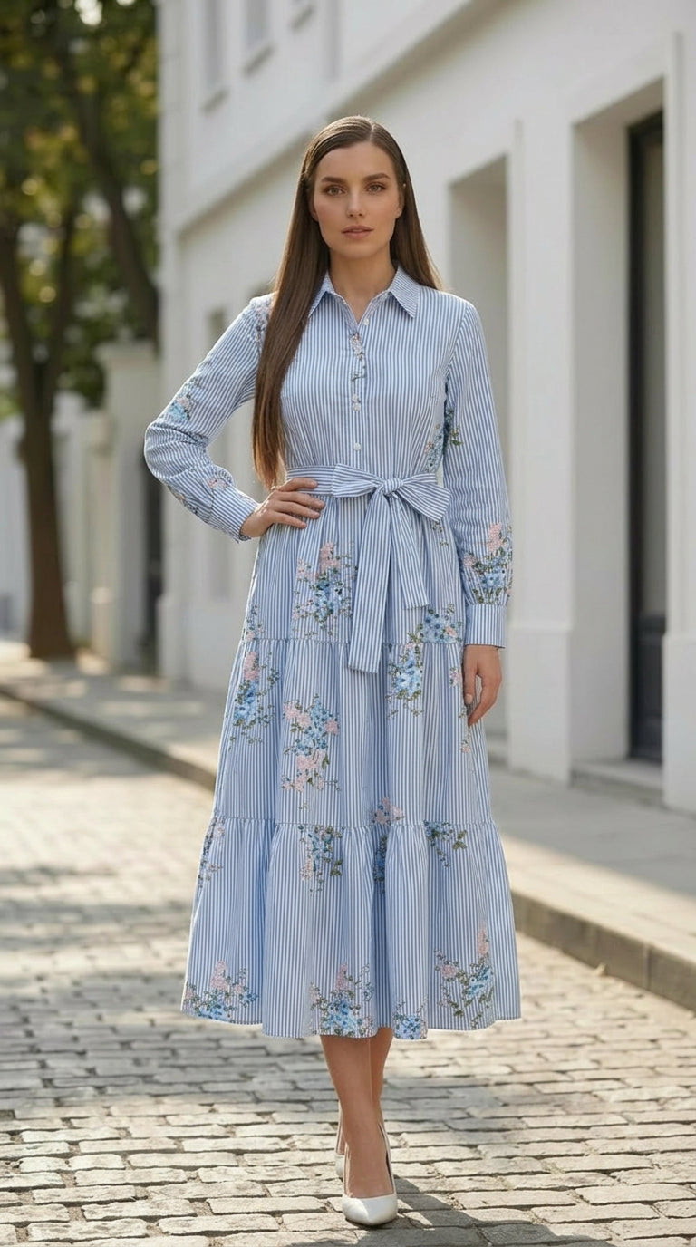 Long-sleeve printed dress with lapel neckline in spring colors, modest fit