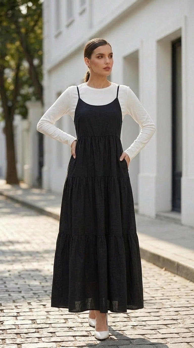 Black plus size maxi slip dress with thin straps, elegant evening wear
