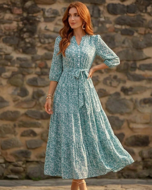 Cream floral long sleeve maxi dress with vintage-inspired print and modest fit