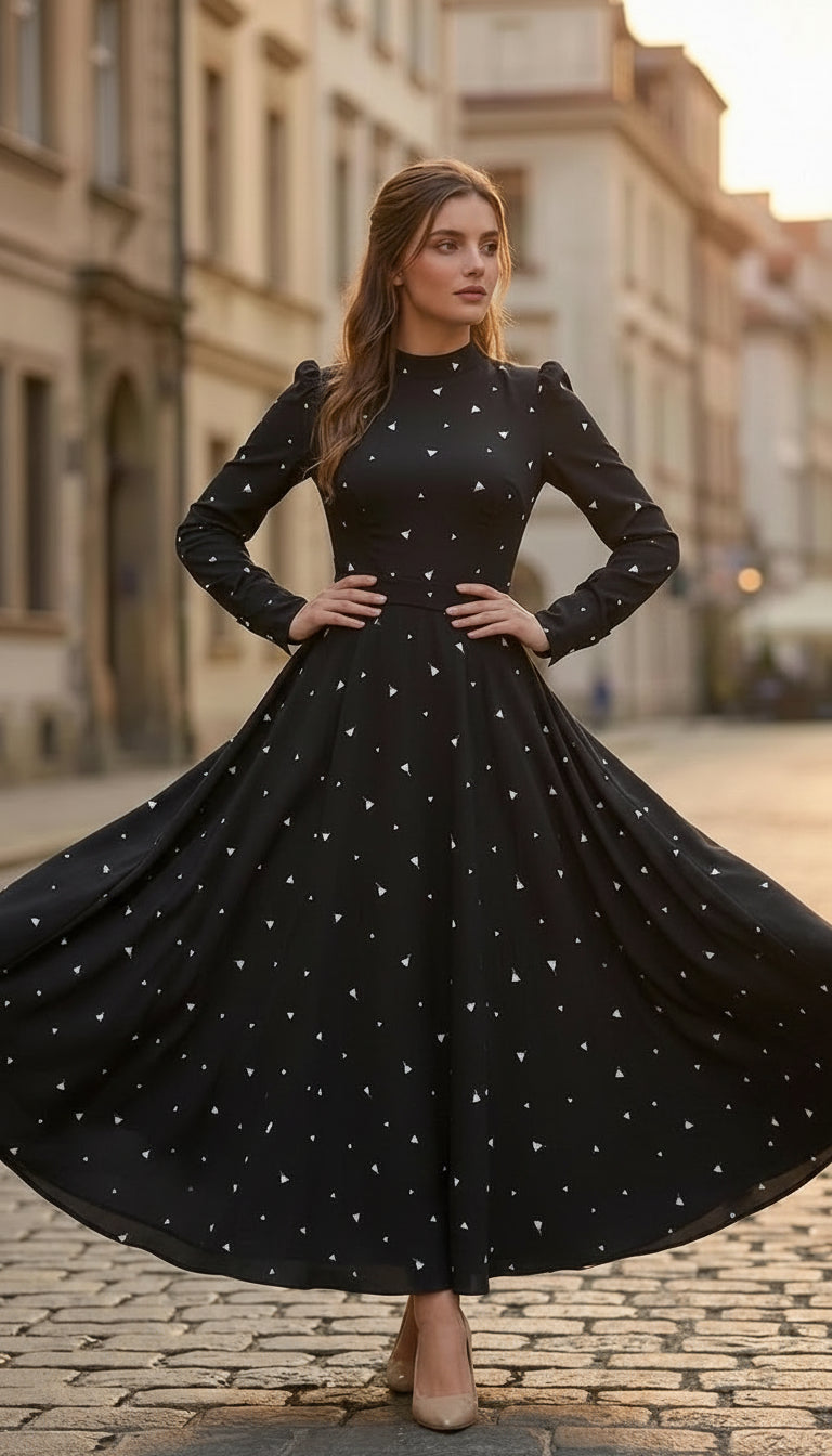 Printed Long Sleeve High Waist Tie Maxi Dress- Naella