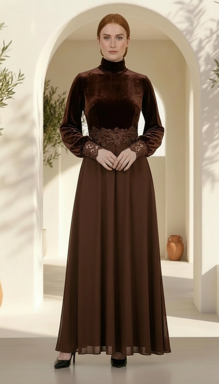 Brown Lace Long-Sleeve Slim-Fit Patchwork Maxi Dress- Naella